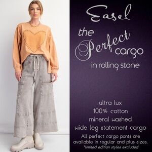EASEL "Perfect Cargo" Terry Knit Mineral Washed Flared Leg Pants Raw Hem & Seams